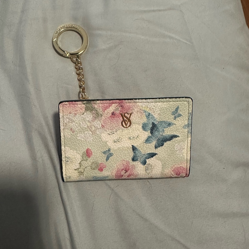 Victoria's Secret Floral & Butterfly Card Case Keychain - Cream, Pink, Blue